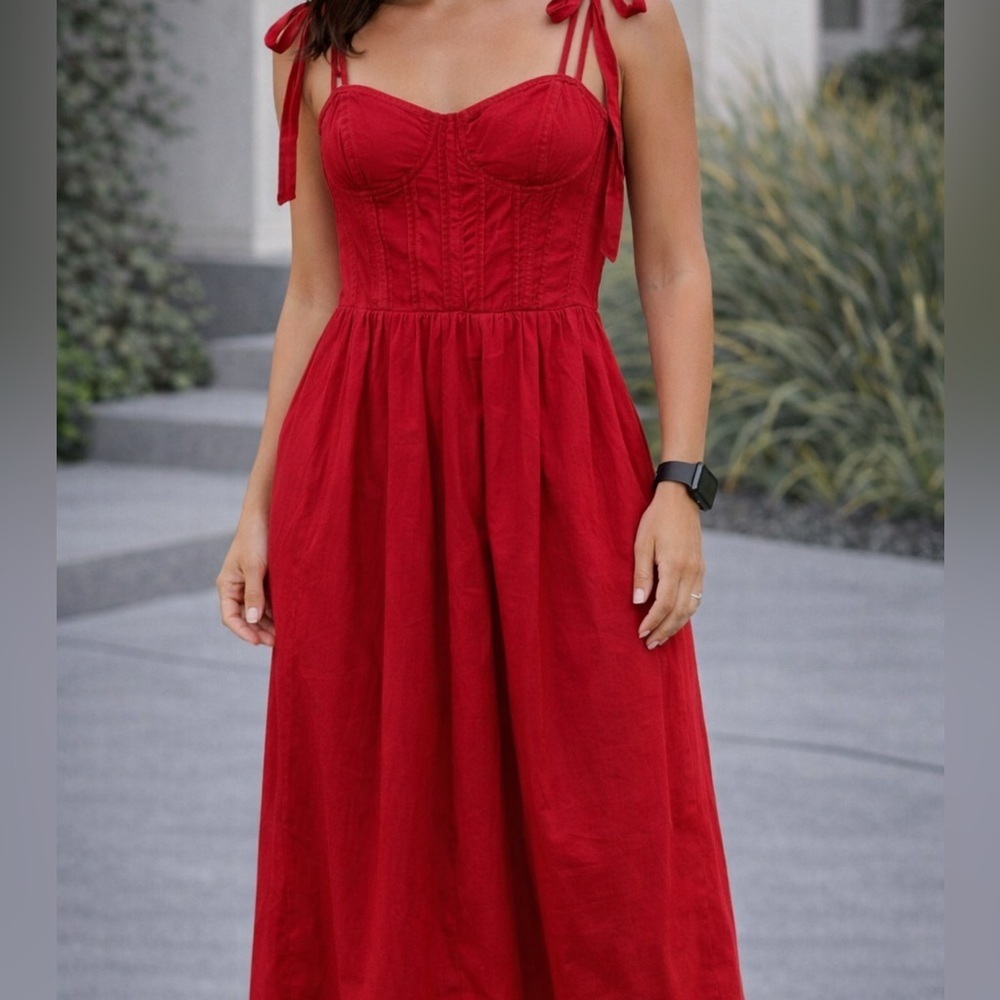 Free People Red Midi Dress Tie Straps & Corset Front size L